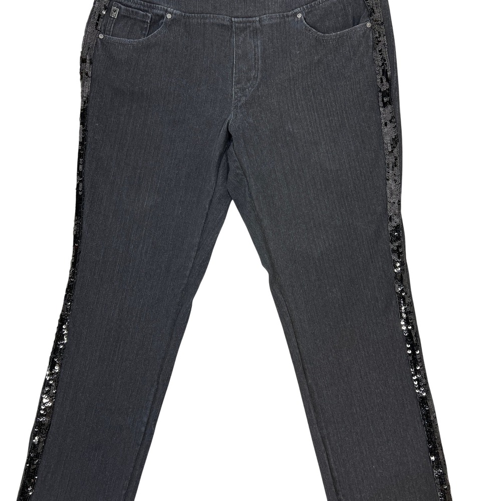 Belle Kim Gravel Jeans 16 Black Sequin Stripe Pull On Straight Leg Sequins Bling - Picture 9 of 11